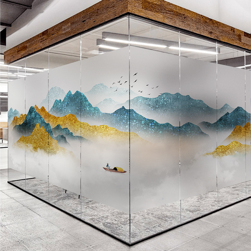 國風(fēng)藝術(shù)山水畫辦公室創(chuàng)意靜電貼紙、磨砂玻璃貼膜貼紙